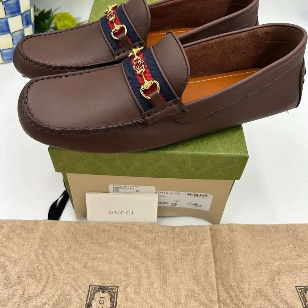 Men’s Gucci Aryton web striped leather loafers size 12.5 fits 13 US made Italy